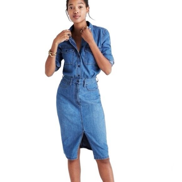 Madewell Blue Denim Midi Shirt Dress Size 00 Preppy Jean Casual - Picture 1 of 9
